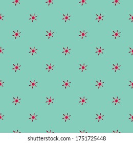 Modern abstract red dwarf vector seamless pattern background. Naive style hand drawn mix of celestial stars on light teal backdrop. Geometric astronomical all over print for universe symbols concept.