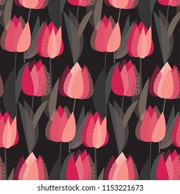 Modern abstract red tulip flowers seamless pattern.  Decorative vector illustration repeatable motif for background, wrapping paper, fabric, surface design
