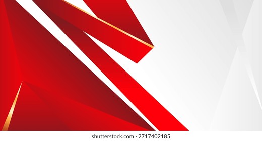 Modern abstract red and white background featuring dynamic geometric shapes, sharp triangles, and elegant gold line accents