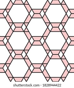 Modern abstract repeating pattern of hexagons formed of pink shapes on a white background, gemetric vector illustration