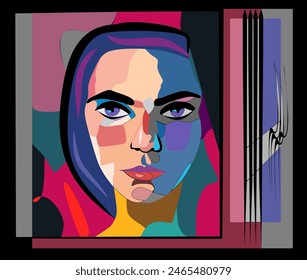 A modern abstract representation of a female face dominates the majority of the composition, characterized by bold, geometric color blocks. To the right, three pencils