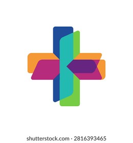 A modern, abstract representation of a plus sign formed by vibrant, overlapping geometric shapes in blue, green, orange, and purple.