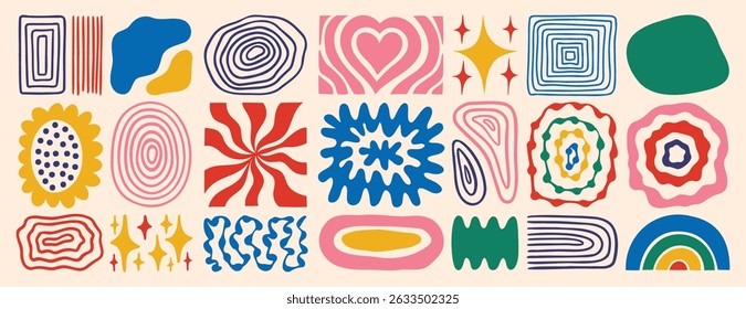 modern abstract retro vintage shapes set. Colorful hand drawn collection geometric organic elements doodle collection. 60s 70s design aesthetics. Vector illustration