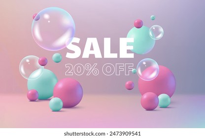 A modern and abstract sale banner background with soap bubbles in pink and green. This vibrant design is perfect for marketing and promotion. Use it for banners, posters, and product displays. Not AI.