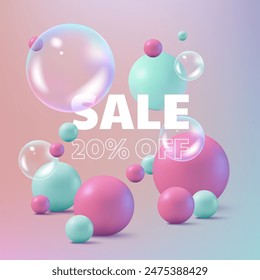 A modern and abstract sale banner background with soap bubbles in pink and green. This vibrant design is perfect for marketing and promotion. Use it for banners, posters, and product displays. Not AI.