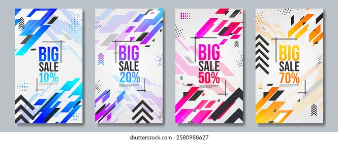 Modern abstract sale banners with geometric shapes and vibrant colors. Perfect for promotions, discounts, shopping ads, and marketing. Vector template, fully editable for commercial use.