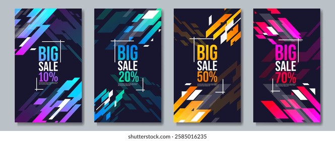 Modern abstract sale banners with geometric shapes and vibrant colors. Perfect for promotions, discounts, shopping ads, and marketing. Vector template, fully editable for commercial use.