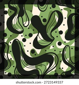 Diseño de bufanda abstracto moderno con Formas orgánicas fluidas, puntos juguetones y líneas dinámicas. Patrón de Vector contemporáneo con una paleta de colores equilibrados con tonos cálidos y fríos. Conveniente para la bufanda de seda, el hijab, el chal, los accesorios de moda, la impresión textil, y el diseño de tela moderno.