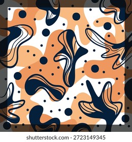 Diseño de bufanda abstracto moderno con Formas orgánicas fluidas, puntos juguetones y líneas dinámicas. Patrón de Vector contemporáneo con una paleta de colores equilibrados con tonos cálidos y fríos. Conveniente para la bufanda de seda, el hijab, el chal, los accesorios de moda, la impresión textil, y el diseño de tela moderno.