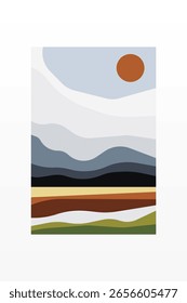Cenário abstrato moderno com camadas onduladas, arte de paisagem minimalista com bloco de cores.