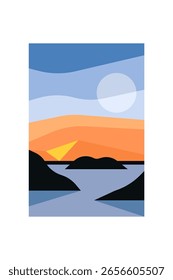 Cenário abstrato moderno com camadas onduladas, arte de paisagem minimalista com bloco de cores.