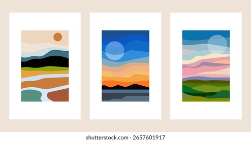 Paisaje abstracto moderno con capas onduladas, arte paisajista minimalista de bloques de colores. Paisaje en capas de puesta de sol Abstractas minimalista