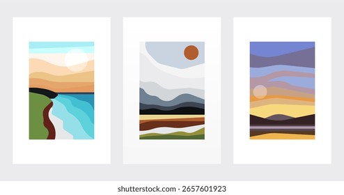Modern abstract scenery with wavy layers, minimalist color-block landscape art. Minimalist Abstract Sunset Layered Landscape