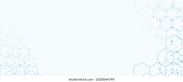 Moderno fundo científico abstrato com um design minimalista, padrões hexagonais azuis e estruturas moleculares em um fundo de gradiente de luz. Ideal para uso no setor de saúde