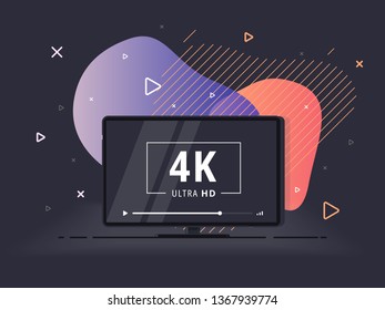 Modern abstract screen tv with 4k Ultra HD video technology. LED television set on geometric liquid background with high definition digital tech symbol. Vector Illustration.