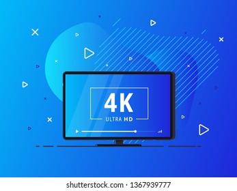 Modern abstract screen tv with 4k Ultra HD video technology. LED television set on geometric liquid background with high definition digital tech symbol. Vector Illustration.