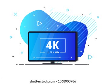 Modern abstract screen tv with 4k Ultra HD video technology. LED television set on geometric liquid background with high definition digital tech symbol. Vector Illustration.