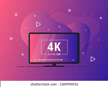 Modern abstract screen tv with 4k Ultra HD video technology. LED television set on geometric liquid background with high definition digital tech symbol. Vector Illustration.