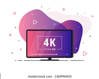 Modern abstract screen tv with 4k Ultra HD video technology. LED television set on geometric liquid background with high definition digital tech symbol. Vector Illustration.