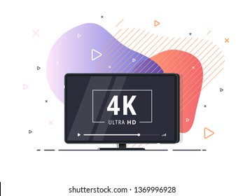 Modern abstract screen tv with 4k Ultra HD video technology. LED television set on geometric liquid background with high definition digital tech symbol. Vector Illustration.