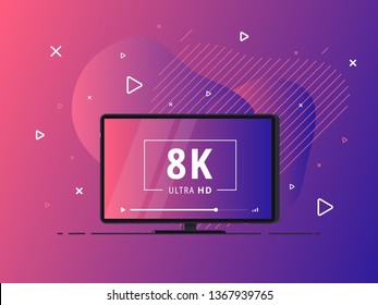 Modern abstract screen tv with 8k Ultra HD video technology. LED television set on geometric liquid background with high definition digital tech symbol. Vector Illustration.