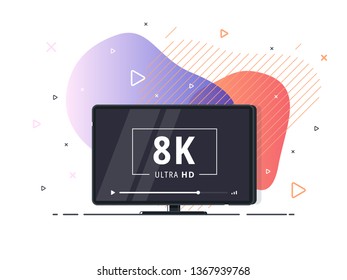 Modern abstract screen tv with 8k Ultra HD video technology. LED television set on geometric liquid background with high definition digital tech symbol. Vector Illustration.