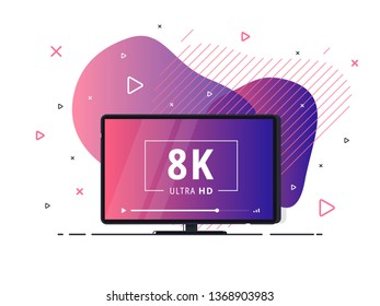 Modern abstract screen tv with 8k Ultra HD video technology. LED television set on geometric liquid background with high definition digital tech symbol. Vector Illustration.