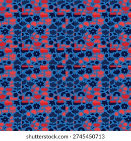 Modern abstract seamless flower pattern in vibrant blue and red shades. Decorative repeating design suitable for textile printing, packaging, digital backgrounds, and fashion fabric.