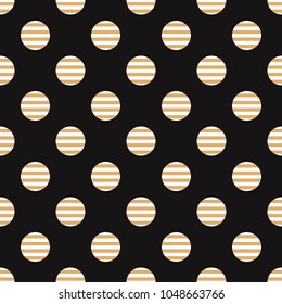 Modern abstract seamless geometric pattern. Striped circles with gold isolated on black background. Vector illustration.