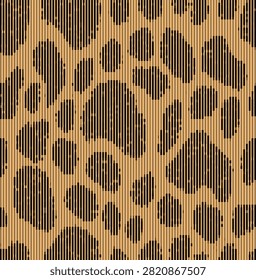 A modern, abstract seamless leopard pattern styled with vertical halftone lines. Featuring black geometric animal spots over a warm gold-tan background, ideal for contemporary fashion textiles, wallpaper, and apparel.

#LeopardPattern #HalftoneArt #AnimalPrint #SeamlessTexture #ModernLeopard #GeometricPattern #SurfaceDesign #TextileDesign #ApparelGraphic #VectorIllustration