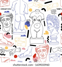 Modern abstract seamless pattern with ancient sculptures. Continuous line concept. Hand drawn illustrations in trendy contemporary style.