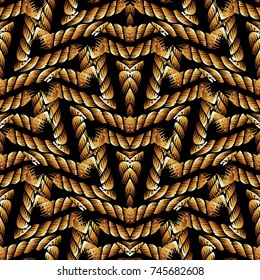 Modern abstract seamless pattern. Artistic vector background wallpaper with 3d gold  ropes, lines, geometric shapes, figures, stripes and figured ornaments. Textured design for fabric, textile, prints