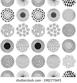 Modern abstract seamless pattern with  black round shapes of lines, circles, drops on white background. Vector hand drawn illustration	
