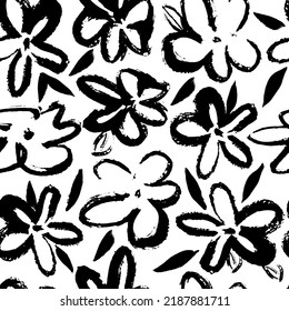 Modern abstract seamless pattern with black flowers on white background for decorative design. Natural floral design chamomile. Isolated vector illustration. Hand drawn vector flower. 