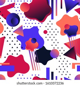Modern abstract seamless pattern in bright bold colors and vibrant gradients with flat 2D and 3D wavy shapes on a white background. Can be used as a wallpaper, backdrop. Vector format.