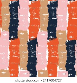 A modern abstract seamless pattern of bright, contrasting stripes. In the style of boho, Avant-garde. Vector ornament for background design, packaging, textiles. Color: orange, beige, deep blue