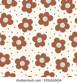 Patrón abstracto moderno sin fisuras con flores marrones y puntos sobre fondo pastel.  Diseño dibujado a mano por vectores
