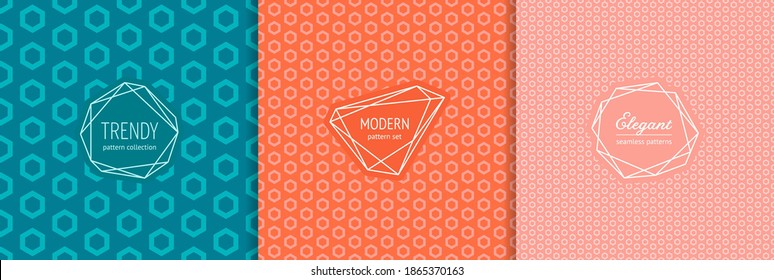 Modern abstract seamless pattern collection. Stylish geometric textures with hexagons. Simple minimal background set. Turquoise, orange, pink color. Design template for decor, print, package, wrap