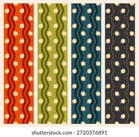 Moderno abstrato coleção de padrões sem costura com listras onduladas e acentos circulares em múltiplas variações de cores. Ideal para têxteis, papel de parede, embalagem e branding.