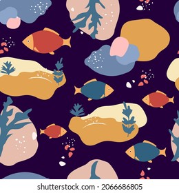 Modern abstract seamless pattern, colored fish, aquarium, ocean, sea, on a dark background. minimal cover design. Print for fabric, wallpaper, paper, packaging. Colorful cartoon geometric background
