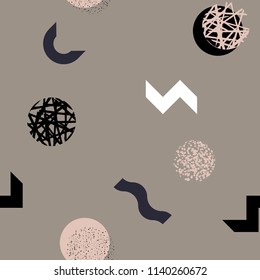 Modern abstract seamless pattern. Colorful endless ornament with chaotic shapes in memphis style on terracotta background. Stylish vector design for fabric, wallpaper, wrapping