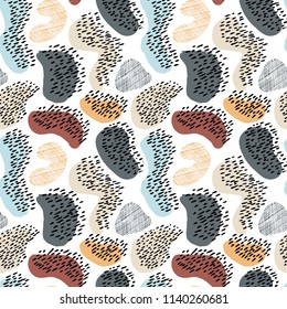 Modern abstract seamless pattern. Colorful endless ornament with chaotic hand painted spots and polka dots on white background. Stylish vector design for fabric, wallpaper, wrapping