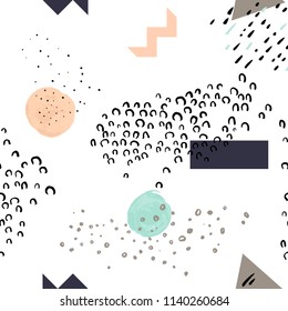 Modern abstract seamless pattern. Colorful endless ornament with shapes on white background. Beige, pink, black and blue handdrawn doodles. Stylish vector design for fabric, wallpaper, wrapping