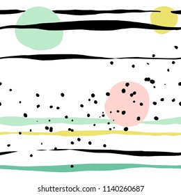 Modern abstract seamless pattern. Colorful endless ornament with shapes on white background. Yellow, pink, black and green handdrawn doodles. Stylish vector design for fabric, wallpaper, wrapping