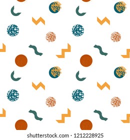 Modern abstract seamless pattern. Colorful endless ornament with chaotic shapes in memphis style on white background. Stylish vector design for fabric, wallpaper, wrapping