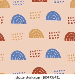 Patrón abstracto moderno sin fisuras con puntos coloridos, formas, líneas, puntos y elementos de diseño. Antecedentes escandinavos dibujados a mano. Perfecto para textiles, papel de envoltura, tela, etc. Ilustración vectorial