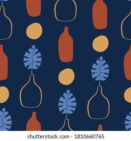 Modern abstract seamless pattern with colorful shapes plant branches, vases etc. Hand drawn Scandinavian background. Perfect for textile, wrapping paper, fabric etc. Vector illustration