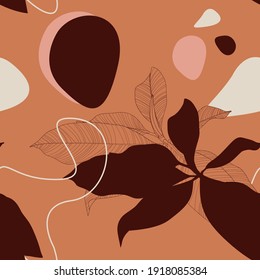Modern abstract seamless pattern with colorful shapes and leaves branches. Perfect for textile, wrapping paper, fabric. Brown color palette.