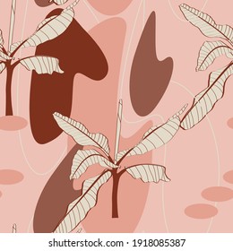 Modern abstract seamless pattern with colorful shapes and line banana tree. Perfect for textile, wrapping paper, fabric. Brown, pink color palette.