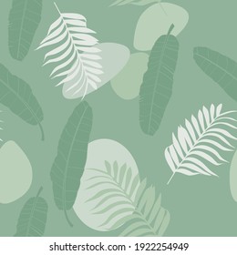 Modernes abstraktes, nahtloses Muster mit bunten Formen, Palmen und Bananenblättern. Perfekt für Textilien, Wickelpapier, Stoff.  Grüne Farbpalette.